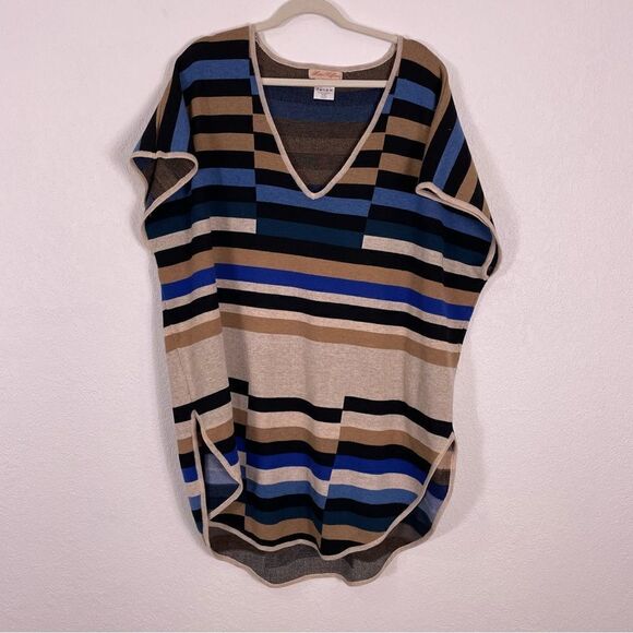 Mara Hoffman Blue, Black, Cream, & Tan Striped Wool Blend Short Sleeve Top - Picture 1 of 8